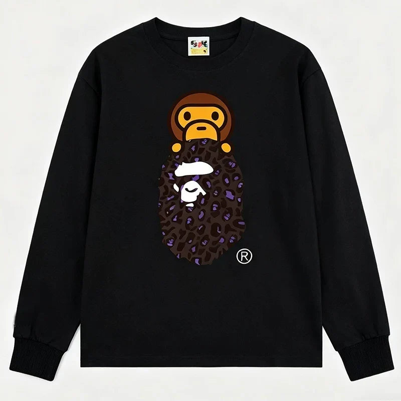 BAPE Style Baby Milo on Dark Leopard Camo Ape Head Long-Sleeve Tee - Black/Dark Leopard