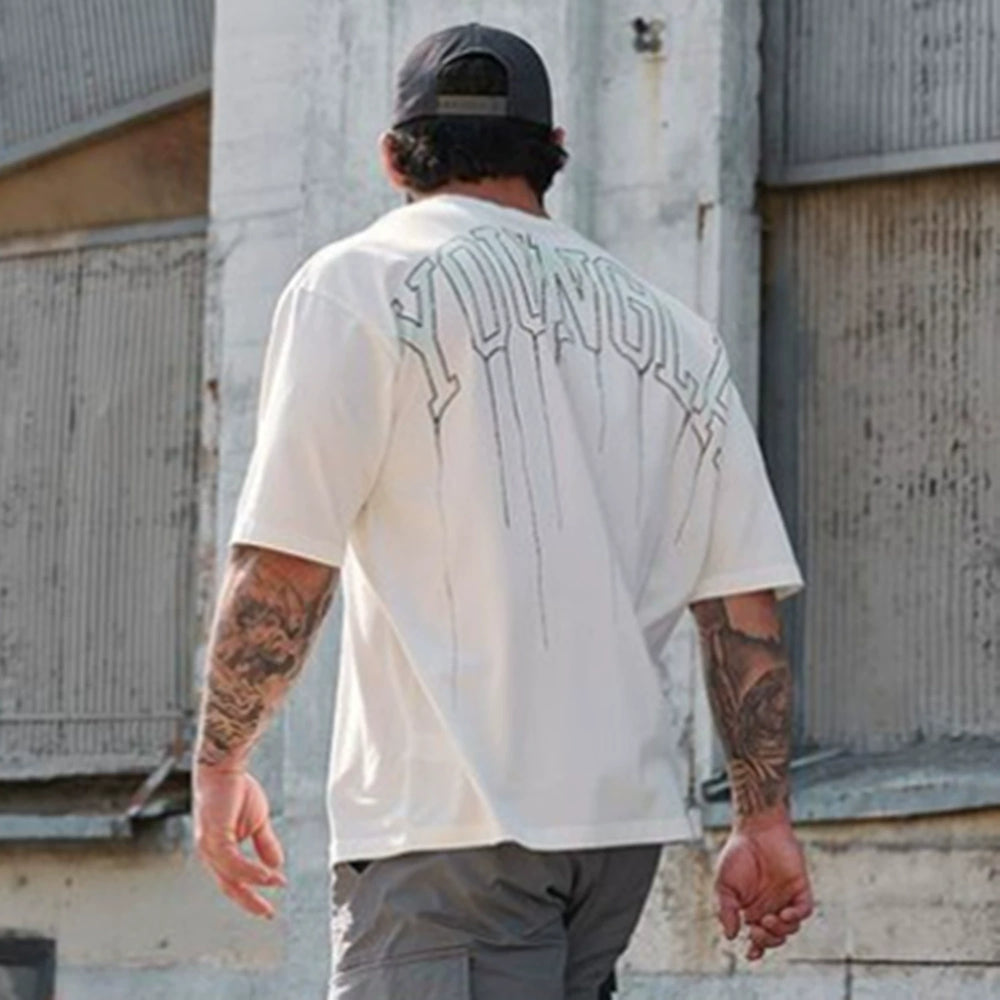 YOUNG LA Sports Short sleeved Men's T-shirt American Trendy Brand 240g Heavy duty Cotton Loose Training Muscle, Iron Dog