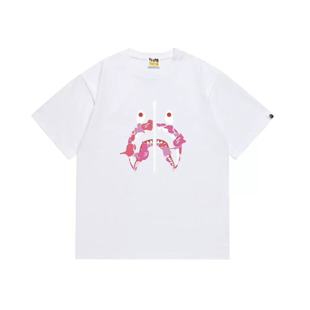 BAPE Style Camo Shark Full-Zip Motif Short-Sleeve Tee - White/Pink
