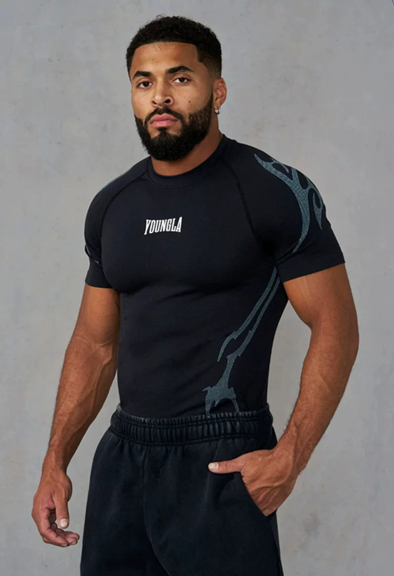 YOUNG LA Sports Short sleeved Men's T-shirt Fitness Exercise Running Muscle Rubbing Iron Dog Sleeve Quick drying Breathable Elasticity