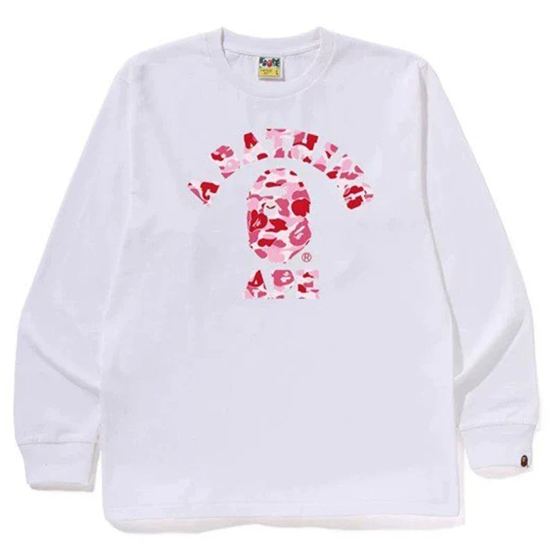 BAPE Style Arch Logo Camo Ape Head Long-Sleeve Tee - White/Pink