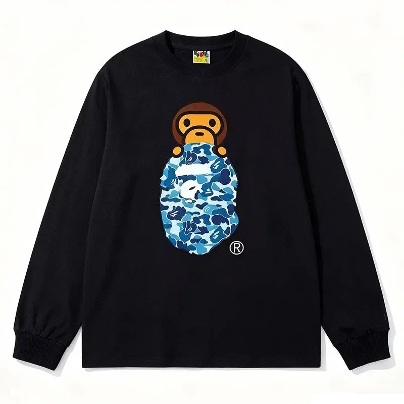 BAPE Style Baby Milo Peeking on Camo Ape Head Long-Sleeve Tee - Black/Blue