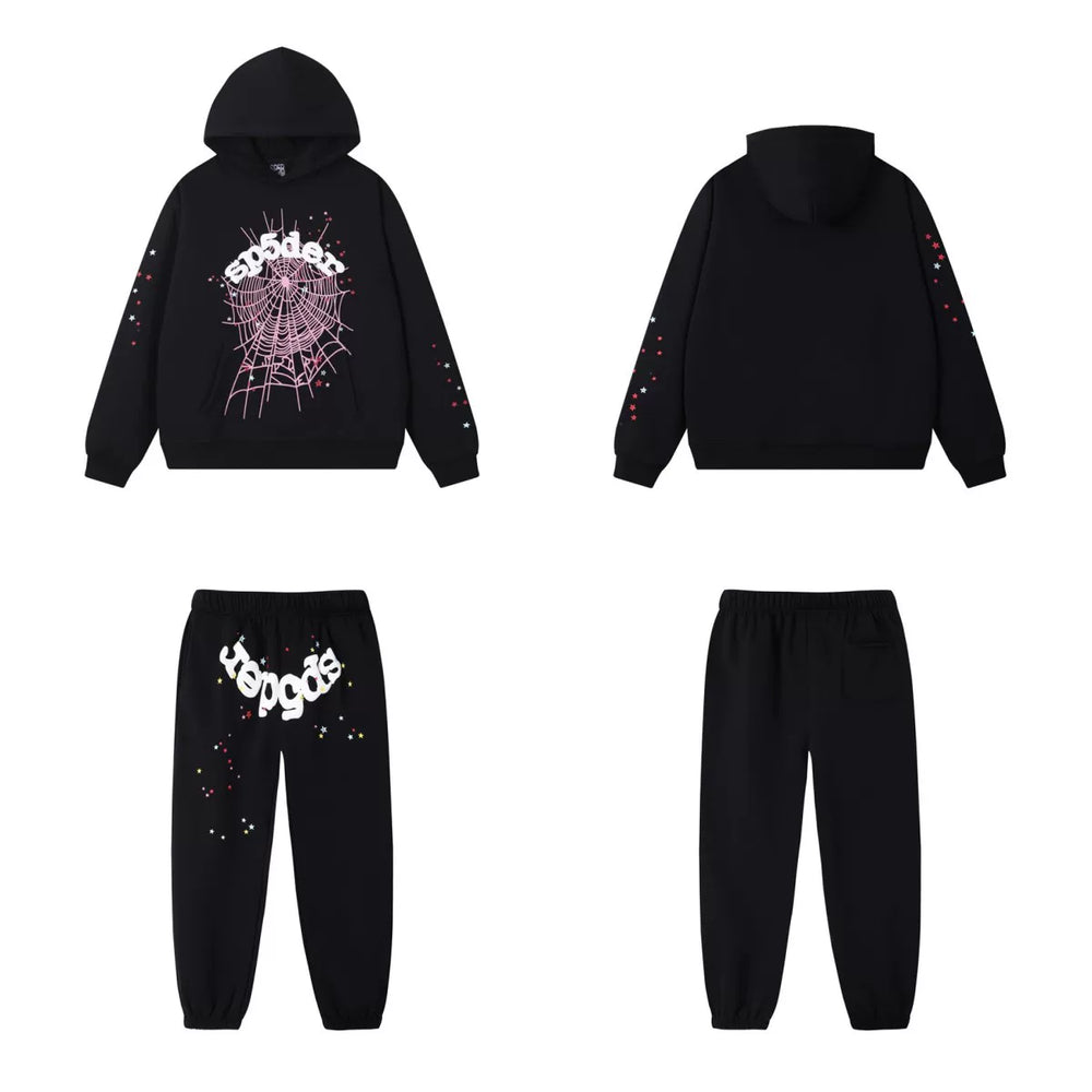SP5DER Web Graphic Pullover Hoodie and Sweatpants Matching Set - Black / Pink