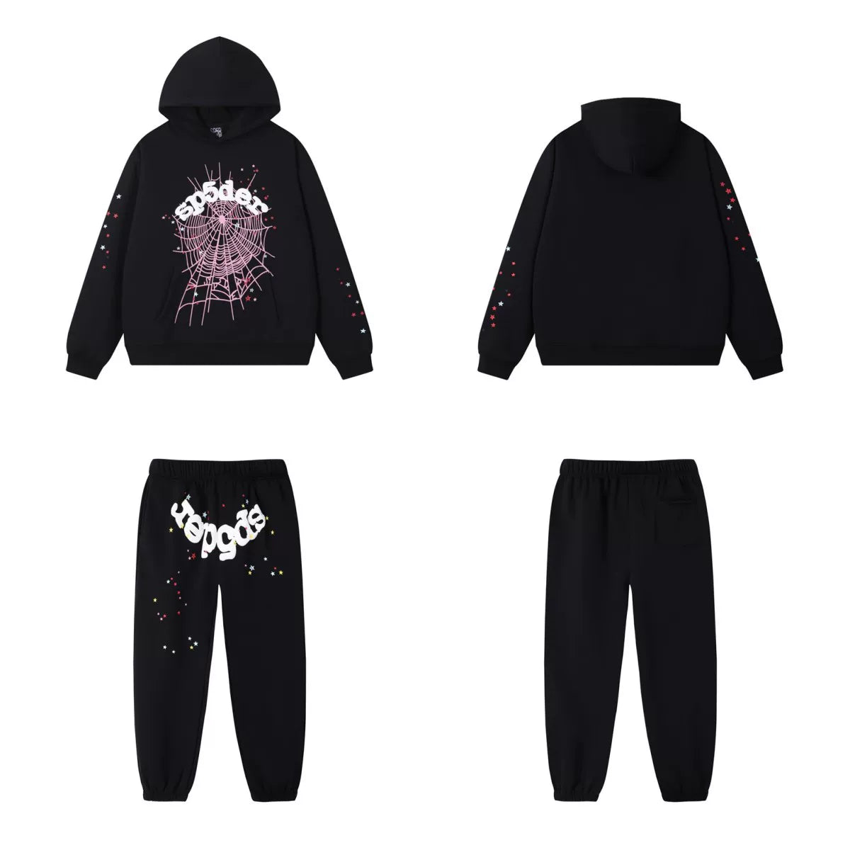 SP5DER Web Graphic Pullover Hoodie and Sweatpants Matching Set - Black / Pink