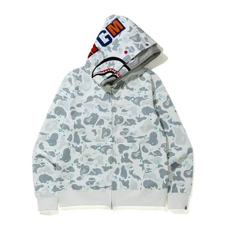 BAPE Style Camo Shark Full-Zip Hoodie - Light Grey/Ice Blue