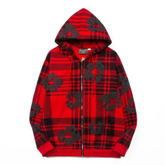 "Denim Tears" Plaid Pattern Full-Zip Oversized Hoodie (Red)