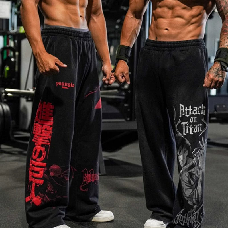 YOUNG LA American muscle fitness pants for men and women, elastic cotton straight tube loose casual printed wide leg pants
