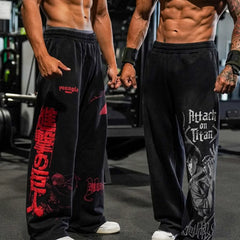 YOUNG LA American muscle fitness pants for men and women, elastic cotton straight tube loose casual printed wide leg pants
