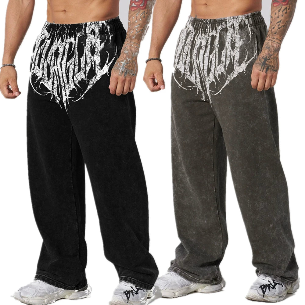 YONGLA sports pants men's heavyweight pure cotton fitness squat loose straight leg muscle massage iron dog American fashion brand