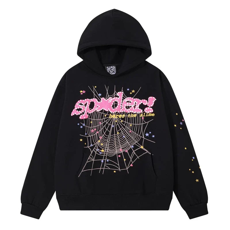 SP5DER Web Graphic Pullover Hoodie and Sweatpants Matching Set - Black / Pink
