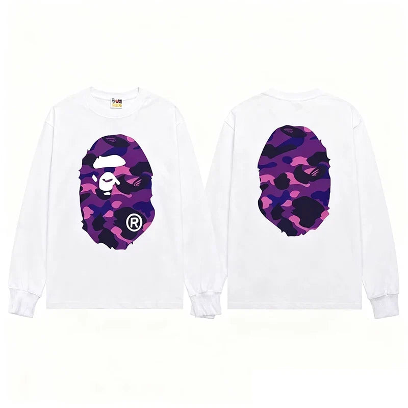 BAPE Style Big Camo Ape Head Long-Sleeve Tee - White/Purple