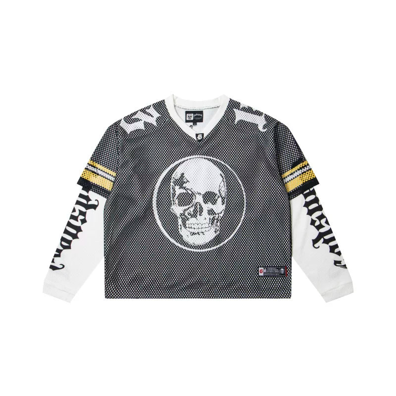 "Godspeed" Layered Mesh Skull Long Sleeve Jersey (Grey/White/Yellow)