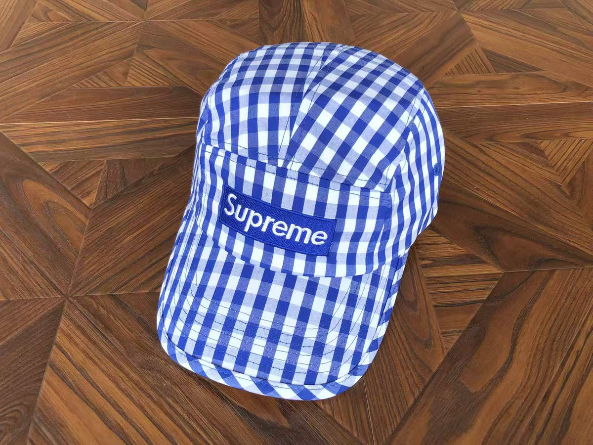 Supreme Blue and White Gingham 5-Panel Box Logo Camp Cap