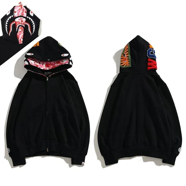 BAPE Style Solid Black Shark Full-Zip Hoodie - Camo Interior