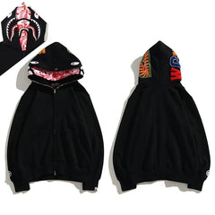 BAPE Style Solid Black Shark Full-Zip Hoodie - Camo Interior