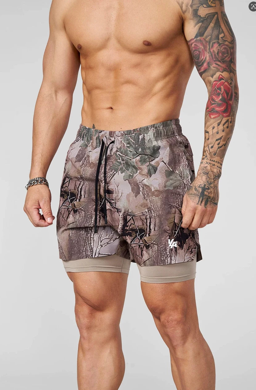YOONGLA Men's Camouflage Sports Shorts 2-in-1 Double layer Quick drying Fitness Outdoor Training Stretch Pants