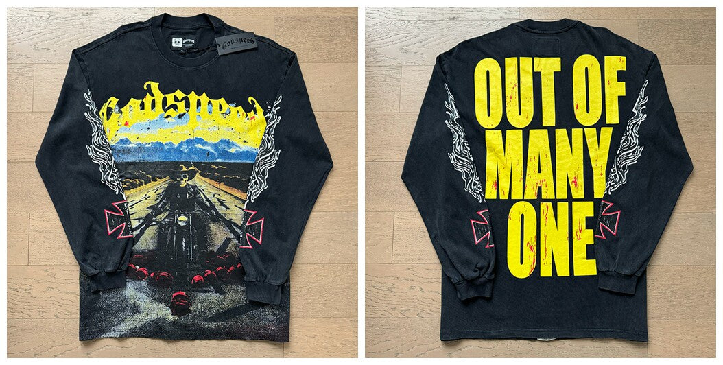 Godspeed "Out of Many, One" Motorcycle Skeleton Vintage-Wash Long Sleeve Tee