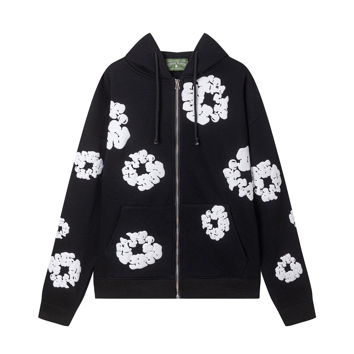 "Denim Tears" Black Floral Pattern Full-Zip Hoodie