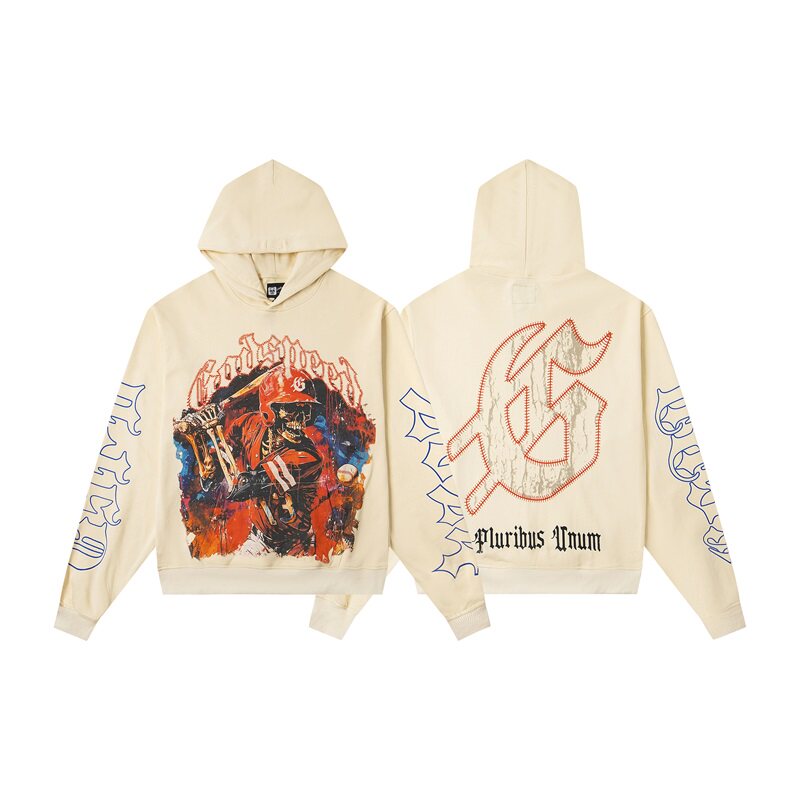 Vintage "Godspeed" Baseball Batter Skeleton Oversized Beige Hoodie