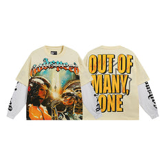 Godspeed "Out of Many, One" Futuristic Sci-Fi Graphic Beige Layered-Look Long Sleeve Tee