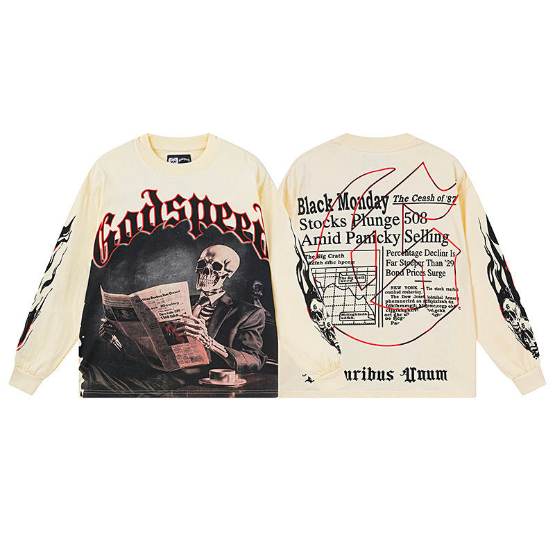 Godspeed "E Pluribus Unum" Black Monday Newspaper Skeleton Beige Long Sleeve Tee
