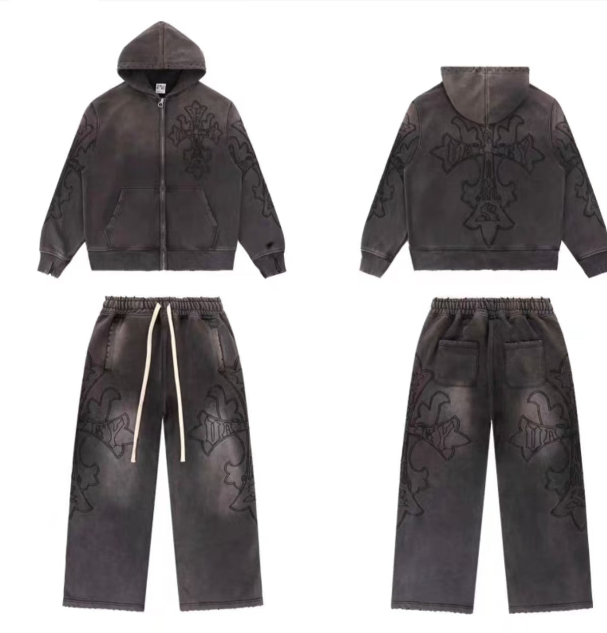 Vale Forever Vintage Gothic Cross Zip-Up Hoodie & Sweatpants Set - Charcoal / Washed Black