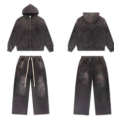 Vale Forever Vintage Gothic Cross Zip-Up Hoodie & Sweatpants Set - Charcoal / Washed Black