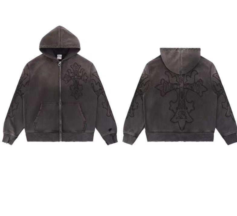 Vale Forever Vintage Gothic Cross Zip-Up Hoodie & Sweatpants Set - Charcoal / Washed Black