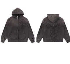 Vale Forever Vintage Gothic Cross Zip-Up Hoodie & Sweatpants Set - Charcoal / Washed Black